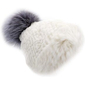 surell Long Haired Rabbit Textile Knit Beanie with Fox Fur Pom - Ski Style Hat