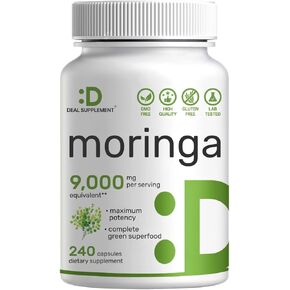 Moringa 9,000mg Herbal Equivalent, 240 Capsules – Maximum Potency Moringa Leaf Extract – Complete Green Superfood Supplement for Energy, Skin, & Immune Health Support – Non-GMO
