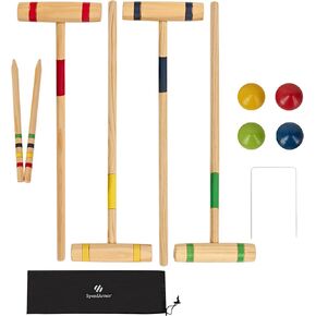 Kids Croquet Set for 4 Players - 24In Pine Wooden Mallets, Colored PE Ball, Wickets, End Stakes, Lawn Backyard Outdoor Game Set for Family (Portable Carry Bag Including)