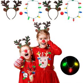 H1vojoxo 7PCS Christmas Reindeer Antlers Costume Accessories, Christmas Reindeer Headband for Christmas Party, Christmas Reindeer Costume Set With Antler Headband, Nose, LED Christmas Bulb Necklace