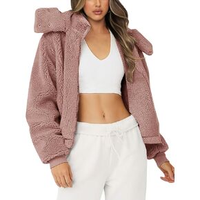 Micoson Women 2024 Winter Coat Full Zip Faux Sherpa Jacket Long Sleeve Cropped Outerwear with Hooded