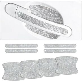 8PCS Bling Car Door Handle Cup Protectors - Anti-Scratch Rhinestone Protective Stickers for Most Vehicles, Auto Exterior Accessories for Women (Black White)
