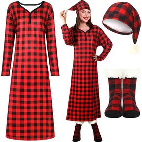 Christmas Nightgowns for women Long Sleeve Plaid Pajama Dress with Fuzzy Socks Night Cap Gift for Xmas Winter