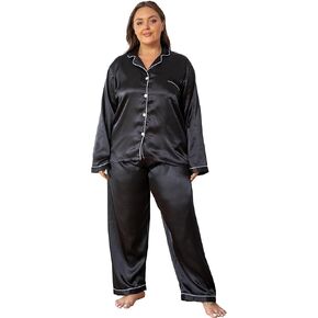 Vozanet Women's Plus Size Button Down Pajama Sets Satin Silky Long Sleeve Long Pants Sleepwear Loungewear Nighty XL to 5XL in Kuwait