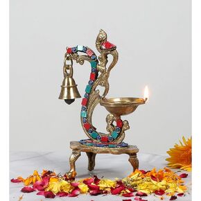 8 Inches Gemstone Work Ethnic Carved Peacock Design Brass Diya with Bell, Brass Antique Oil Lamp, Brass Diyas for Home, Diyas for Pooja, Housewarming Gifts, Standard, Pack of 1