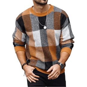 Men's Plaid Fall Sweaters Checked Long Sleeve Crew Neck Knit Pullover Sweater Top