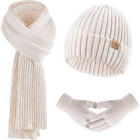 Beanie Hat for Womens Scarf Gloves Set, Fleece Lined Long Knit Scarf Touchscreen Gloves Winter Cap for Cold Weather