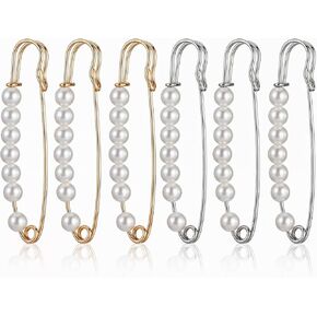 6pcs Pearl Safety Pins for Clothes Gold Safety Pin Silver Brooch Pins for Women Decorative Pins with Pearl Beads for Sweater Shawl
