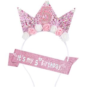 Zkptops 2Pcs Birthday Crown Headbands for Kids Toddlers Girls Birthday Sash & Birthday Tiara Set Pink Hair Band Accessories