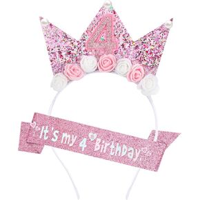 Zkptops 2Pcs Birthday Crown Headbands for Kids Toddlers Girls Birthday Sash & Birthday Tiara Set Pink Hair Band Accessories in Kuwait