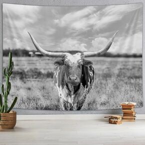Longhorn Cow Tapestry, Black and White Rural Pasture Texas Longhorn Steer in Rural Utah Usa Tapestry Wall Hanging, Western Rustic Wall Tapestry for Bedroom Living Room Dorm TV Background, 60X40IN