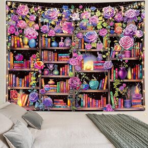 ARTCREATOR Bookshelf Wall Tapestry Pink and Purple Flower Tapestries Colorful Plants Tapestry for Bedroom Aesthetic Floral Tapestry Wall Hanging Cute Girl Bedroom Decor (29" x 37")
