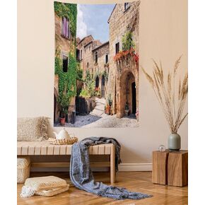 Lunarable Tuscany Tapestry Twin Size, Italian Streets in Countryside with Traditional Brick Houses Old Tuscan Prints, Wall Hanging Bedspread Bed Cover Wall Decor, 68" X 88", Brown