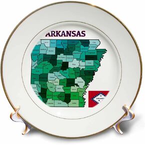 3dRose cp_172007_1 Map and Flag of The State of Arkansas with All Counties Colored Porcelain Plate, 8"