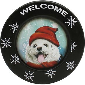 CVHOMEDECO. Welcome Christmas Dog Decorative Plate Primitives Vintage Round Display Wooden Plate Home Décor Art, 9-3/4 Inch