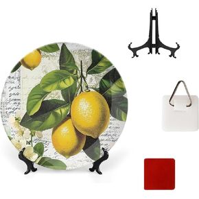 Bone China Decorative Plate, Yellow Lemon Ceramic Decorative Plate for Home Office Wall Decor, with Vertical Stand Decorative Plates for Home Club