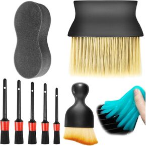 9 Pcs Car Detailing Brush Set Includes 5 Pcs Car Detailing Brushes, 2 Pcs Different Soft Air Vent Bristle Dusting Brush, Cleaning Gel, Wash Sponge, Auto Car Interior Cleaning Kit