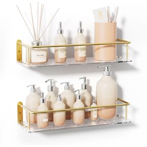NPPLUS Floating Shelves for Bathroom Wall-Mounted: Wall Mounted Storage Shelves with Gold Metal Frame for Bathroom Bedroom Living Room Kitchen Office - Over Toilet Organizer Decor Set of 2