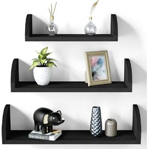 SRIWATANA Floating Shelves Wall Mounted, Solid Wood Shelves Wall Bookshelves Set of 3 for Bedroom, Living Room, Bathroom, Kitchen - Black