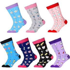 7 Pair Teeth Socks Dental Assistant Socks Women Funny Gift Novelty Casual Crew Tooth Sock for Nurse Dentist Teacher Birthday