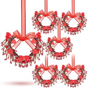 6 Pcs Mini Christmas Wreath for Cabinets Small Wreaths with Red Ribbon Farmhouse Front Door Hanging Artificial Ornament Holiday Wreath for Indoor Outdoor Porch Decor