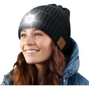 Bluetooth Beanie Hat with Light,Music Hat with Headphones and Built-in Speaker Mic,USB Rechargeable LED Headlamp Hat,Unisex Outdoor Sport Knit Hat Black