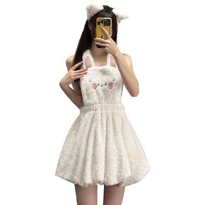 Lolita Kawaii Fleece Nightgown Womens Nighties Chemise Babydoll Lingerie Pajama Dress Cute Soft Fuzzy Sleepwear