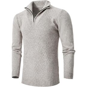 Men's Casual Cable Knit Zip Up Long Sleeve Polo Sweater Mock Neck Pullover Sweater