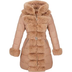 RISISSIDA Puffer Jacket Women Winter Down Faux Fur Lined Puffy Coat with Long Collar Hood, Thicken Quilted Warm Leather Bubble Overcoat Beige X-S