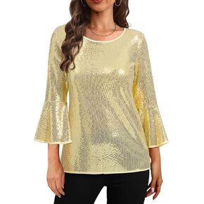 Holipick Sequin Tops for Women 3/4 Bell Sleeve Blouse Shimmer Sparkly Glitter Shiny Metallic Party Dressy Tops