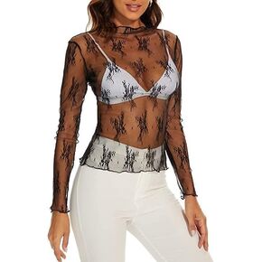 Mesh Lace Long Sleeve Layering Top for Women Mock Neck See Through Floral Shirt Tops