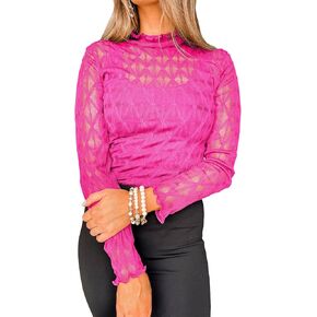 miduo Womens Mesh Sheer Lace Layering Top Mock Neck Long Sleeve See Through Shirt Blouses Tops