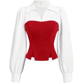 MakeMeChic Women's Color Block Collar V Neck Long Sleeve Split Hem Blouse Shirt Tops