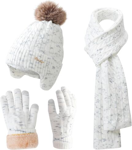Women Winter Beanie Hat Scarf Gloves Set Knitted Beanie with Earflaps Detachable Pom Long Scarf Touchscreen Gloves 3 in 1 Set in Saudi Arabia