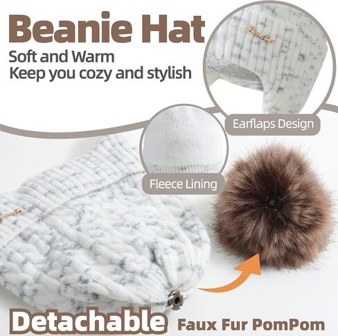 Women Winter Beanie Hat Scarf Gloves Set Knitted Beanie with Earflaps Detachable Pom Long Scarf Touchscreen Gloves 3 in 1 Set in Saudi Arabia
