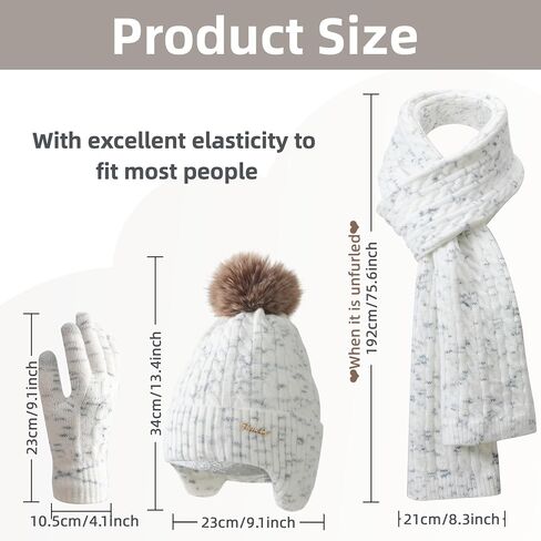 Women Winter Beanie Hat Scarf Gloves Set Knitted Beanie with Earflaps Detachable Pom Long Scarf Touchscreen Gloves 3 in 1 Set in Saudi Arabia