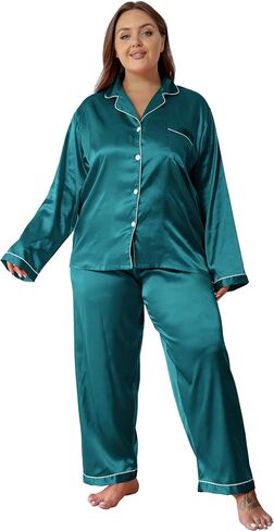 Vozanet Women's Plus Size Button Down Pajama Sets Satin Silky Long Sleeve Long Pants Sleepwear Loungewear Nighty XL to 5XL in Kuwait