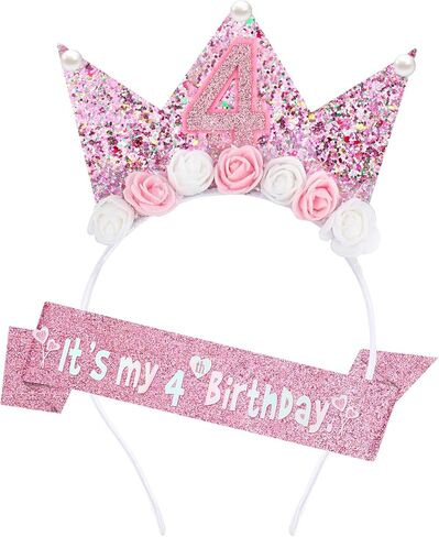 Zkptops 2Pcs Birthday Crown Headbands for Kids Toddlers Girls Birthday Sash & Birthday Tiara Set Pink Hair Band Accessories in Kuwait