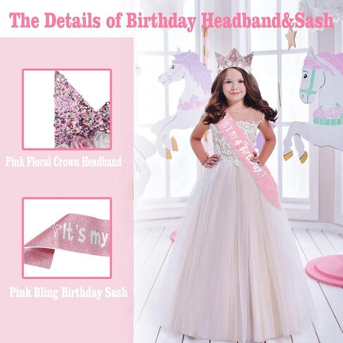 Zkptops 2Pcs Birthday Crown Headbands for Kids Toddlers Girls Birthday Sash & Birthday Tiara Set Pink Hair Band Accessories in Kuwait