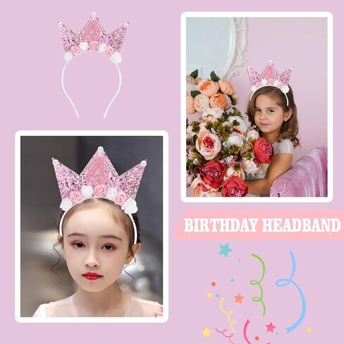 Zkptops 2Pcs Birthday Crown Headbands for Kids Toddlers Girls Birthday Sash & Birthday Tiara Set Pink Hair Band Accessories in Kuwait