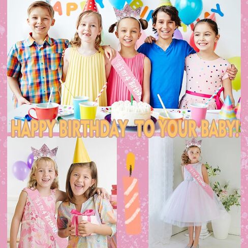 Zkptops 2Pcs Birthday Crown Headbands for Kids Toddlers Girls Birthday Sash & Birthday Tiara Set Pink Hair Band Accessories in Kuwait