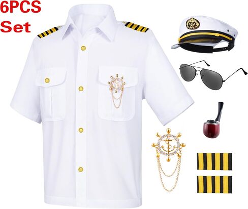 Kids Yacht Captain Sailor Costume for Boys Shirt Hat Accessories 6 Pcs Set Party Cosplay 2-12Years in Kuwait