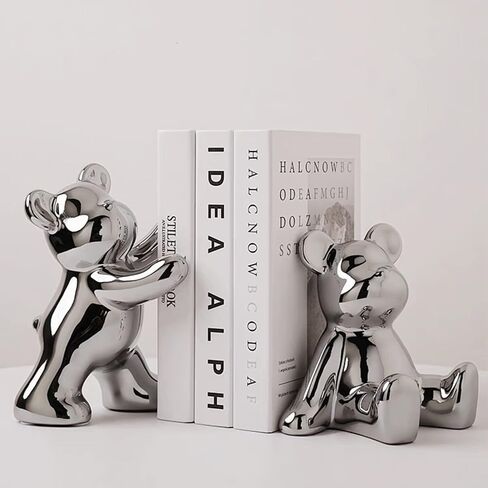 2 Pcs Decorative Bookends Gloomy Bear Book Ends for Shelves Ceramic Animal Figurine Stands Organizer Heavy Duty to Hold Books Silver-Plated Bear Home Decor in Saudi Arabia