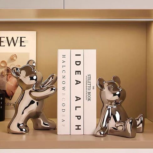 2 Pcs Decorative Bookends Gloomy Bear Book Ends for Shelves Ceramic Animal Figurine Stands Organizer Heavy Duty to Hold Books Silver-Plated Bear Home Decor in Saudi Arabia