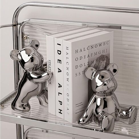 2 Pcs Decorative Bookends Gloomy Bear Book Ends for Shelves Ceramic Animal Figurine Stands Organizer Heavy Duty to Hold Books Silver-Plated Bear Home Decor in Saudi Arabia