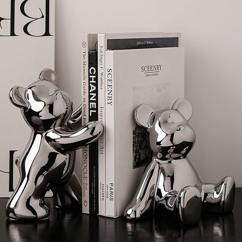 2 Pcs Decorative Bookends Gloomy Bear Book Ends for Shelves Ceramic Animal Figurine Stands Organizer Heavy Duty to Hold Books Silver-Plated Bear Home Decor in Saudi Arabia