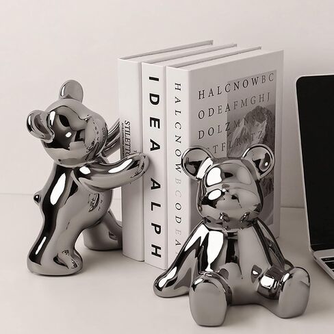 2 Pcs Decorative Bookends Gloomy Bear Book Ends for Shelves Ceramic Animal Figurine Stands Organizer Heavy Duty to Hold Books Silver-Plated Bear Home Decor in Saudi Arabia