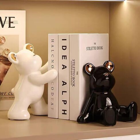 2 Pcs Decorative Bookends Gloomy Bear Book Ends for Shelves Ceramic Animal Figurine Stands Organizer Heavy Duty to Hold Books Silver-Plated Bear Home Decor in Saudi Arabia