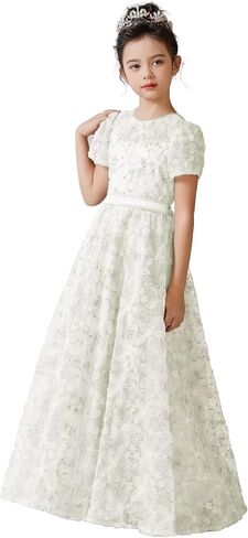 dideyttawl Girls Dress A-Line 3D Embroidery Tulle Flower Appliqued Satin Bow Tie Belt High-Waisted Elegant Full Length Dress in Kuwait