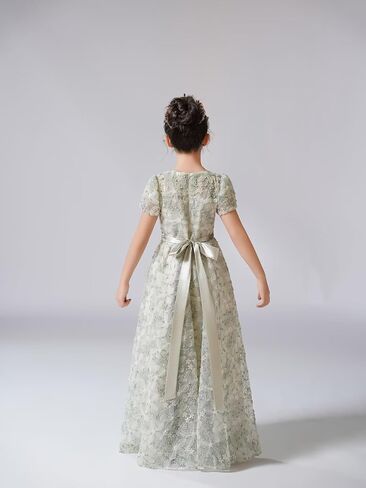 dideyttawl Girls Dress A-Line 3D Embroidery Tulle Flower Appliqued Satin Bow Tie Belt High-Waisted Elegant Full Length Dress in Kuwait